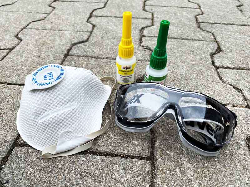different adhesives, FFP3-mask and protective eyeglasses