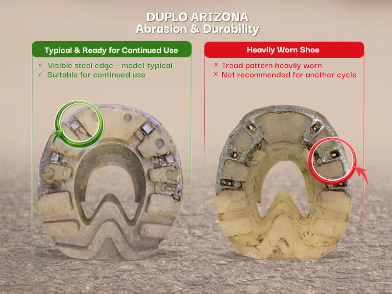 Duplo Arizona horseshoes comparison – visible model-typical steel edge versus heavily worn Arizona horseshoe with worn-down tread.