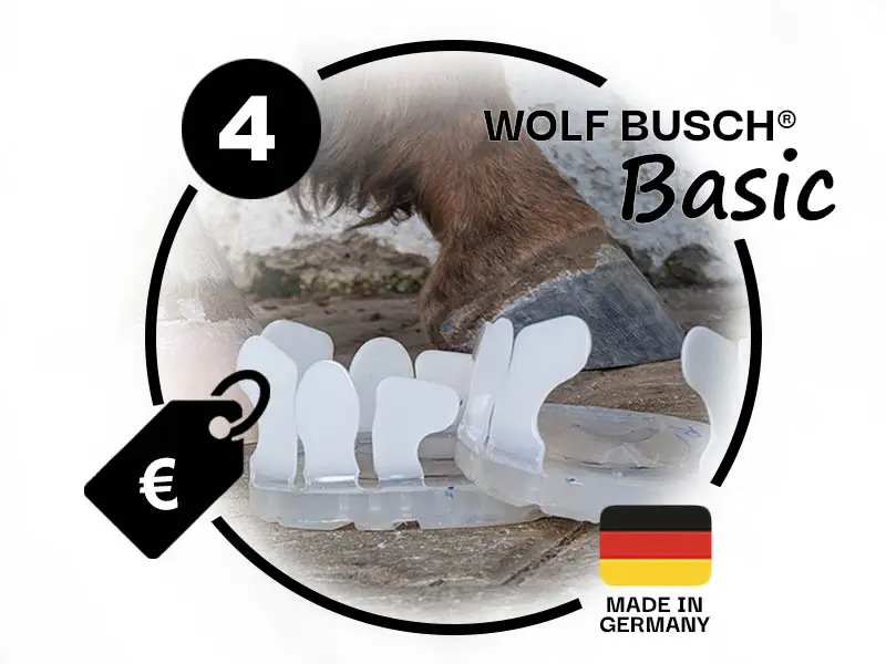Imagen de las nuevas lengüetas Basic para la aplicación pegada de una herradura. Se muestran tres iconos - uno representa la talla 4, otro el precio asequible y el tercero 'Hecho en Alemania'.
