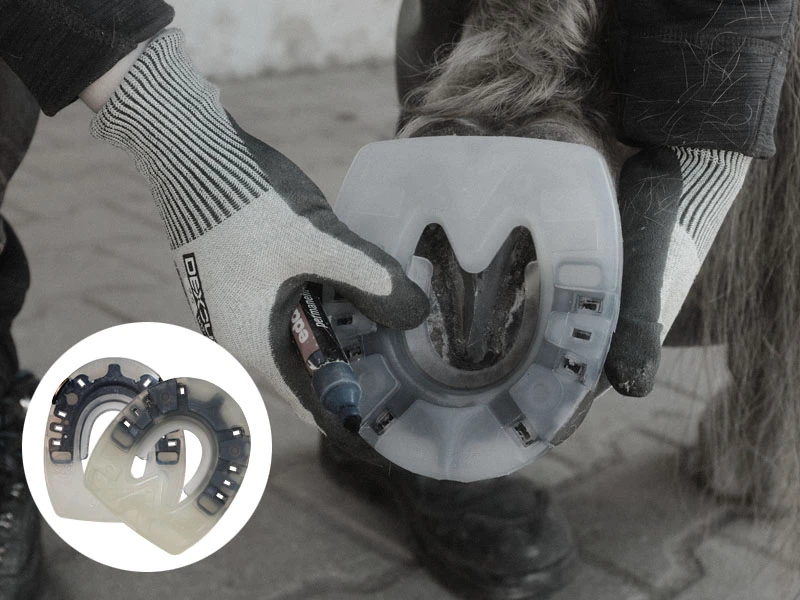A farrier checks the position of the affordable Basic composite horseshoe with stabilizing steel core and shock-absorbing plastic coating on the horse’s hind hoof.