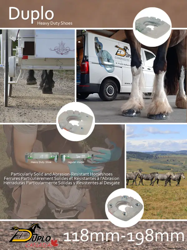 Collage de las Heavy Duty Shoes en uso: caballo de tiro en trabajo de enganche, herraje en un caballo de sangre fría, vistas de detalle del núcleo metálico reforzado y del recubrimiento de plástico, así como comparación del recubrimiento de plástico de las Heavy Duty Shoes (118–198 mm) frente a una herradura compuesta estándar.