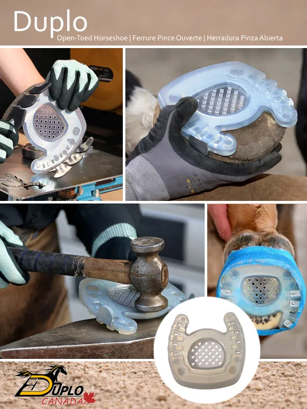 Application of open-toe horseshoes with plastic shell and integrated grid sole – usable as glue-on, nailed or cast shoe, suitable for therapeutic use, e.g. in cases of laminitis.