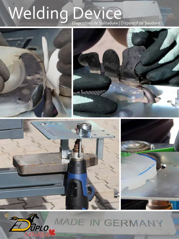Plastic welding device for welding glue-on tabs to plastic horseshoes or composite horseshoes to create glue-on horseshoes for horses.