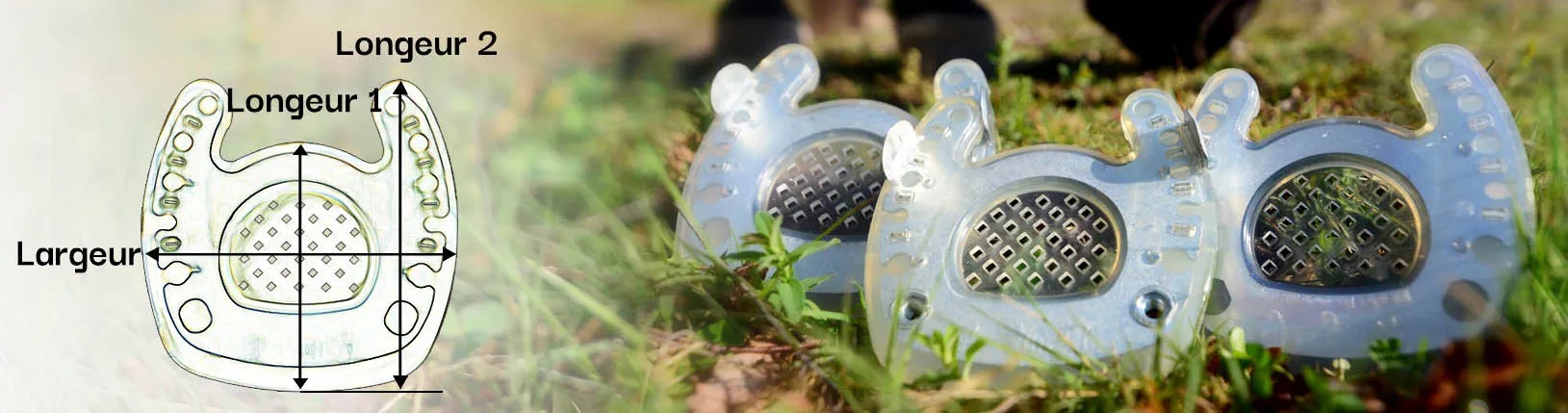 Différentes tailles et modèles de ferrures composites à pince ouverte. Elles sont souvent appelées ferrures de fourbure.