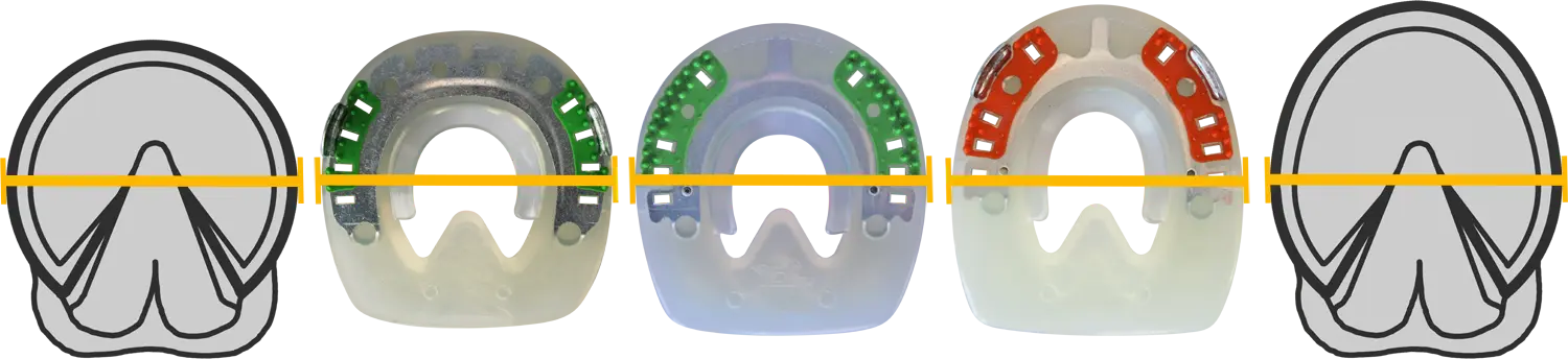 Illustration showing how to measure hoof width correctly, explained using both a barefoot hoof and a horseshoe.