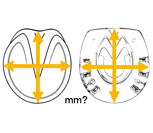 A barefoot hoof and a horseshoe from the bottom. Both length and width are measured in millimeters.