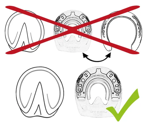 A barefoot hoof, a Duplo horseshoe, and a conventional steel shoe. This combination on one single hoof is incorrect. The correct combination is a barefoot hoof and a horseshoe.
