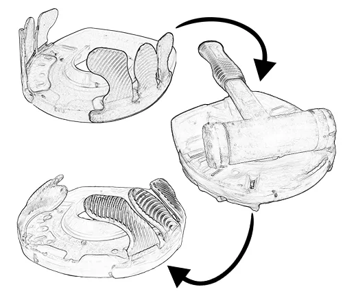 Three steps for manually pre-bending the glue-on tabs during adhesive shoeing: unmodified; the horseshoe weighted down with a hammer and placed with the glue-on tabs facing downward; pre-shaped glue-on tabs.