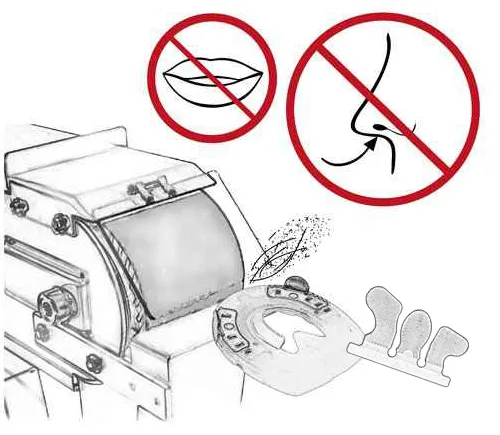 A belt sander being used on a horseshoe and a glue tab. Grinding dust must not be inhaled.