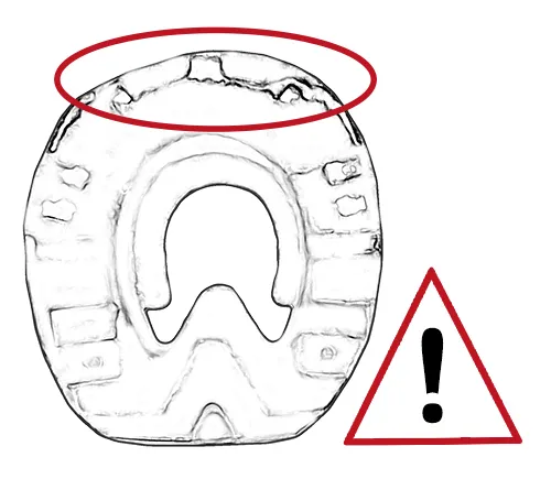 Warning: A Duplo shoe in which the metal core is visible in the toe area. The shoe can continue to be used as normal, but the safety risk within the herd is increased