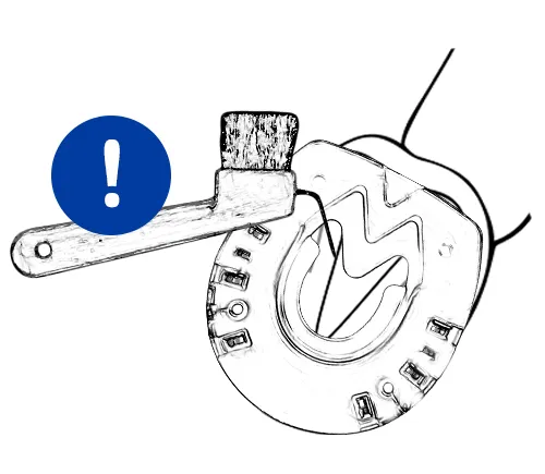 A hoof with a horseshoe and a hoof pick.