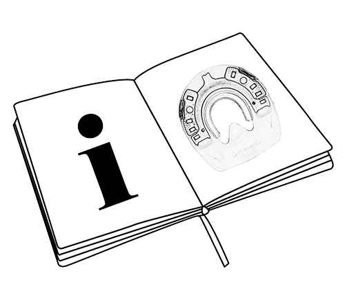 An open book with an info symbol and a horseshoe – a reference to the user manual and safety information