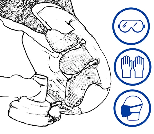 Removal of adhesive residues from used glue tabs using an angle grinder. Eye protection, hand protection, and respiratory protection must be worn for personal safety, as the adhesive grinding dust is hazardous to health.