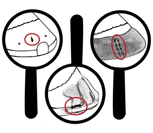 The following issues should be checked during daily inspection of hoof protection: a frayed ground surface of a Duplo shoe; a nail with a loose or opened clinch; a glued-on shoe with a torn or damaged rear glue tab; a cast shoe in which the sharp points of the cast hooks are breaking through the cast bandage.