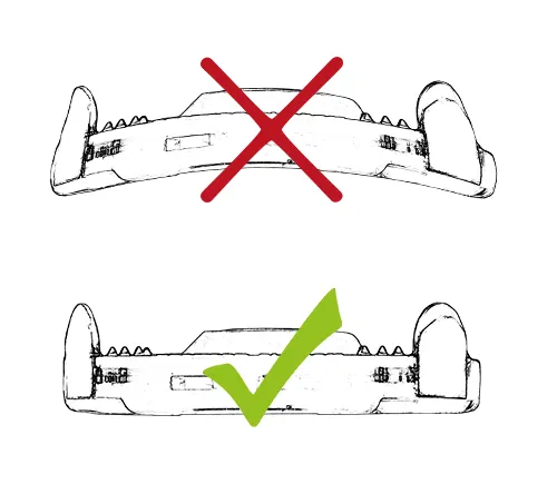 View of the toe area of the horseshoe. Incorrect: The shoe is curved. Correct: The shoe is flat.
