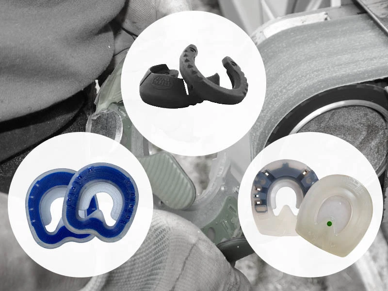 Options for individual glue-on hoof protection: composite horseshoes, plastic horseshoes, GluShu glue-on shoes, and blueline combination horseshoes