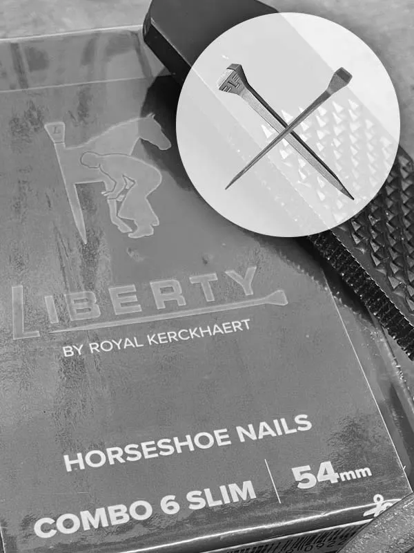 Liberty horseshoe nails Combo 6 Slim 54mm by Royal Kerckhaert – packaging with nails illustration.