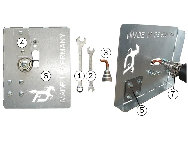 contenido dispositivo mini: Llave combinada, llave de doble boca, boquilla reductora, placa de soldadura