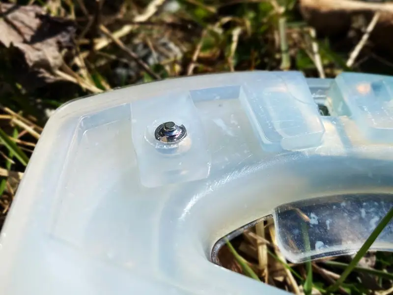 detailed view of the rear section of the profile horseshoe, showing that a spike — similar to the pins on a metal horseshoe — has been screwed in