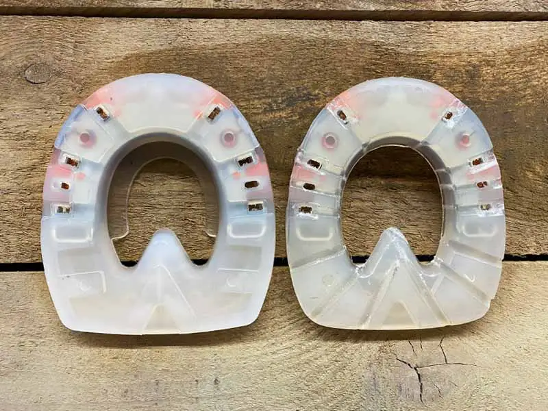 comparison image showing a plastic horseshoe delivered by the manufacturer with reinforced tread and another horseshoe in which the farrier has ground the tread manually