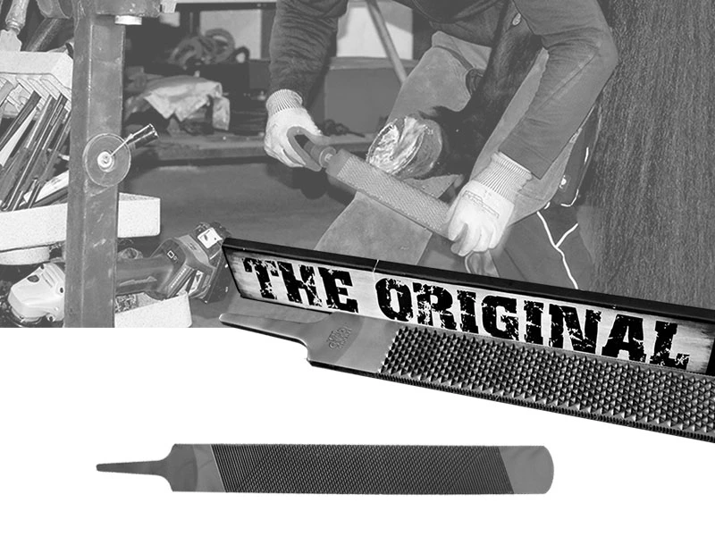 A farrier rasping a horse’s hoof in the forge, alongside a close-up view of the Save Edge ORIGINAL hoof rasp.