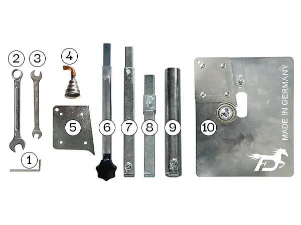 Contenido dispositivo standard: Llave hexagonal, llave combinada, llave de doble boca, boquilla reductora, espaciadores, tubo cuadrado con mango roscado, extensión de tubo cuadrado, tubo cuadrado ajustable para yunque, tubo para trepié, placa de soldadura