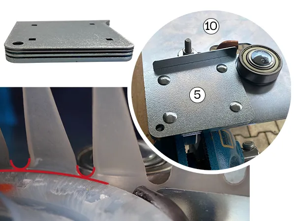 Imagen informativa sobre la elección de las espaciadores correctas al soldar plástico con el dispositivo de soldadura. Representación de que las curvaturas semicirculares de las pestañas adhesivas deben quedar alineadas con la placa base.