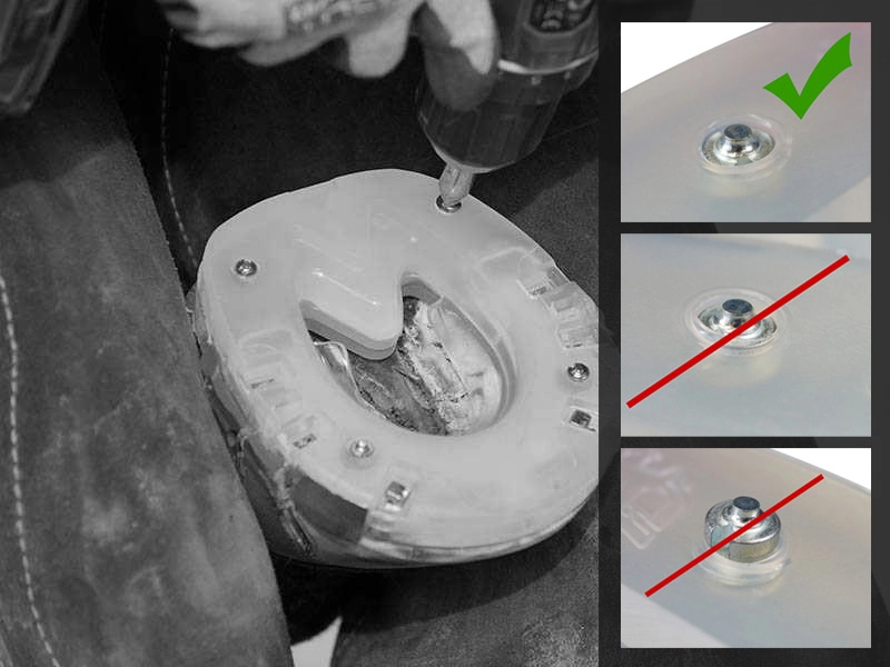 Spikes as a preliminary stage to studs in plastic horseshoes – similar to carbide pins in traditional horseshoes.