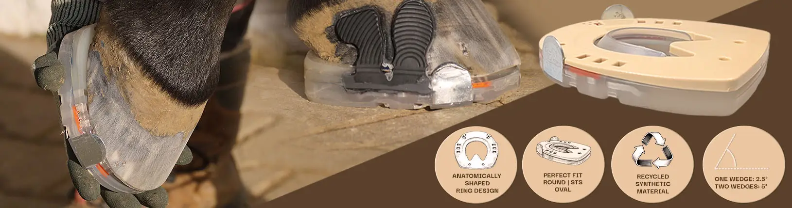 Various views of a hoof shod with a composite horseshoe with quarter clips and a wedge insole to adjust the hoof angle. The image also features four icons highlighting the wedge sole’s key features: a ring shape inspired by hoof anatomy, a precise fit for the respective horseshoe, a note on the use of recycled material, and an indication of a 2.5° or 5° hoof angle adjustment when using two wedges.